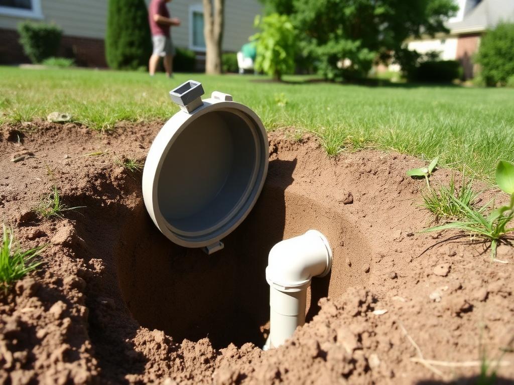 Open sewer cleanout next to an excavated underground sewer pipe