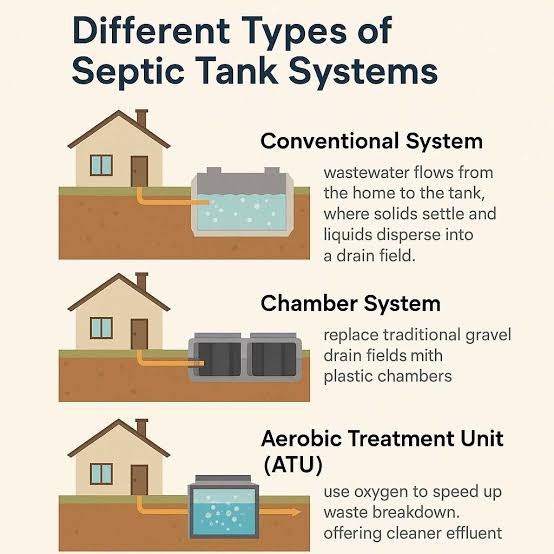 Infographic comparing conventional, chamber, and aerobic treatment unit (ATU) septic systems